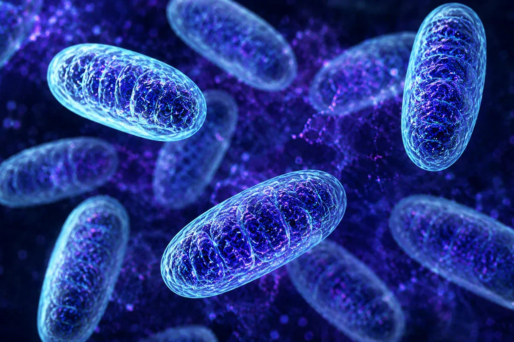 3D illustration of healthy mitochondria generating cellular energy, highlighting their role in metabolism, longevity, and healthy aging.