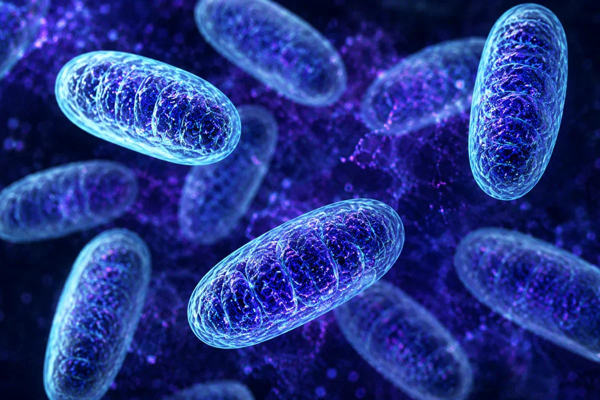3D illustration of healthy mitochondria generating cellular energy, highlighting their role in metabolism, longevity, and healthy aging.