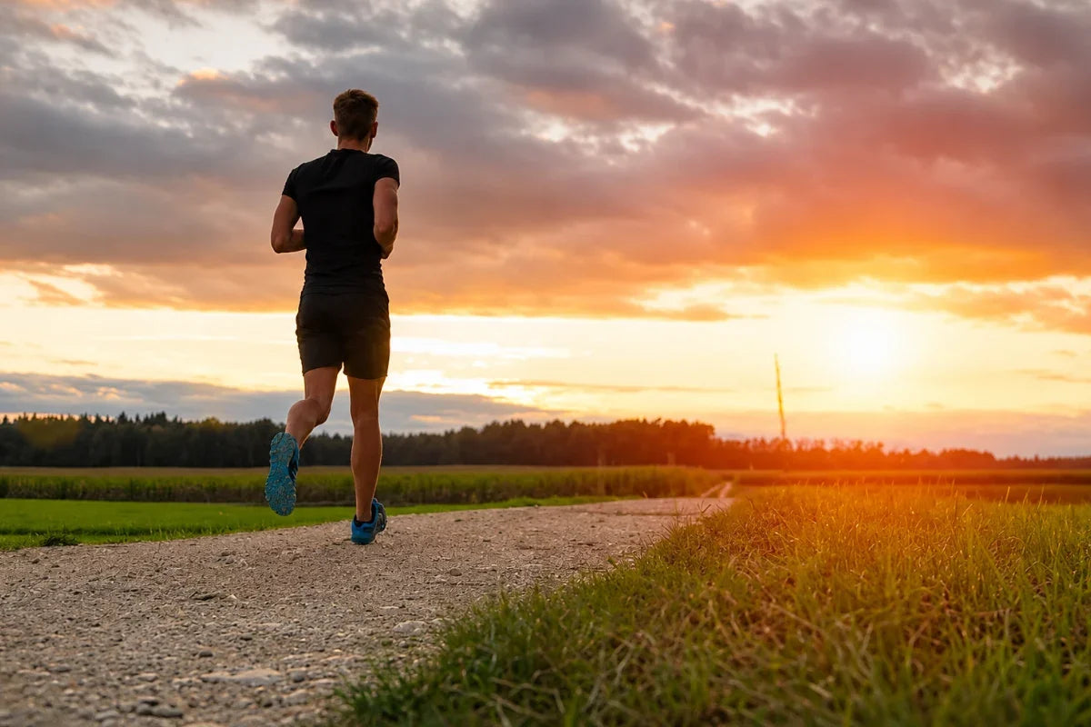 A person jogging down a dirt country path during a golden sunset to reach 10,000 daily steps for cardiovascular disease protection.