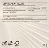 Supplement facts panel for Juvina Cell Activator XR featuring 500mg Beta-Nicotinamide Mononucleotide Uthever NMN G3 in vegan, non-GMO capsules.