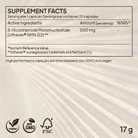 Supplement facts panel for Juvina Cell Activator XR featuring 500mg Beta-Nicotinamide Mononucleotide Uthever NMN G3 in vegan, non-GMO capsules.