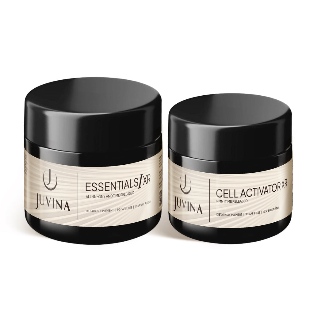 The Essentials Bundle XR supplement jars featuring Essentials I XR and Cell Activator XR NMN by Juvina Bioscience.