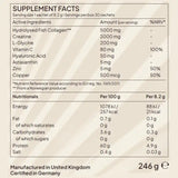 Nutritional facts panel for Juvina Collagen+ Catalyst showing dosages for hydrolysed marine collagen, creatine, L-glycine, vitamin C, astaxanthin, and hyaluronic acid.