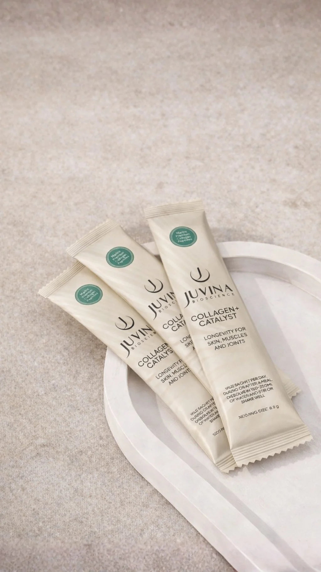 Juvina Collagen+ Catalyst powder stick packs formulated with collagen, hyaluronic acid, and creatine for skin, muscle, and joint health.