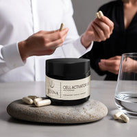 Juvina Cell Activator XR NMN supplement jar with time-released capsules displayed during a daily wellness routine.