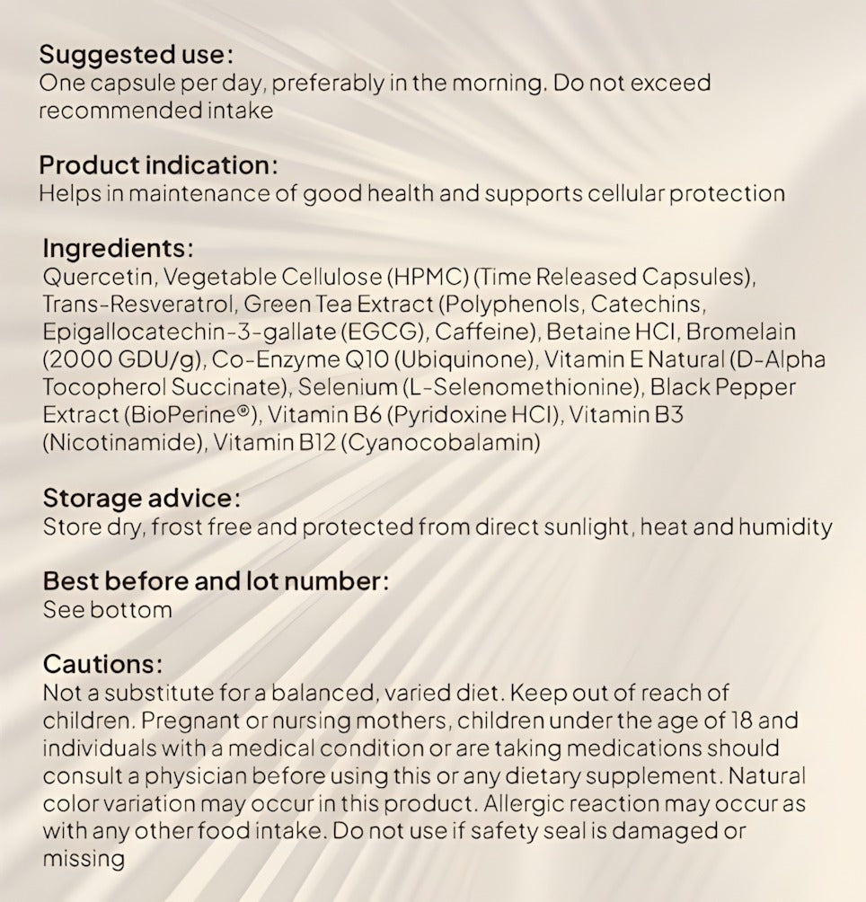 Full ingredient list for Juvina Essentials I XR time-released capsules supporting cellular protection, featuring Trans-Resveratrol, Green Tea Extract, Quercetin, and BioPerine.