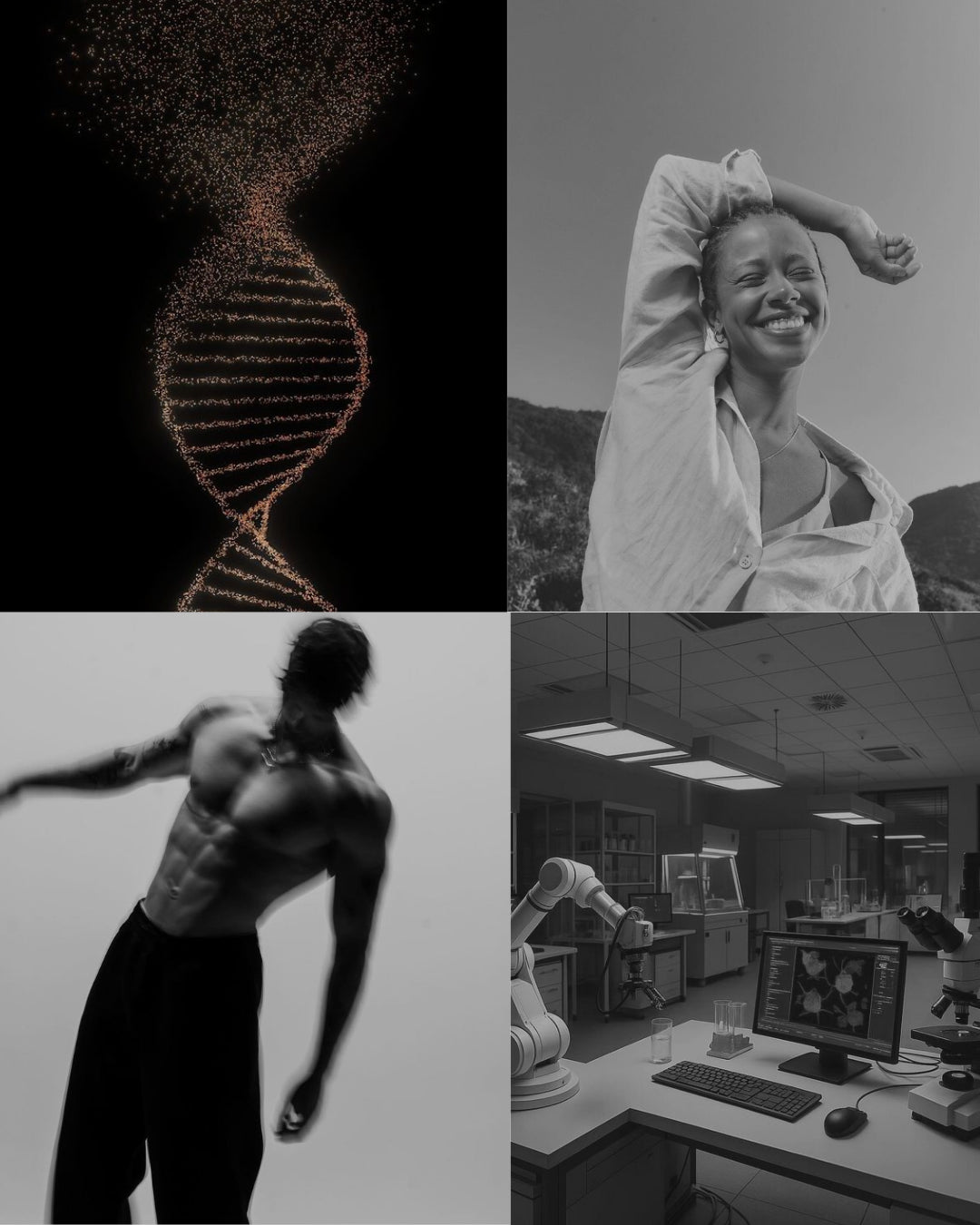 Visual representation of longevity science, healthy aging, and cellular research from Juvina Bioscience combining genetics, wellness, and laboratory innovation.