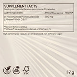 Juvina Bioscience Cell Activator XR supplement facts label showing 500mg Uthever NMN G3 per capsule serving.