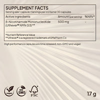 Juvina Bioscience Cell Activator XR supplement facts label showing 500mg Uthever NMN G3 per capsule serving.