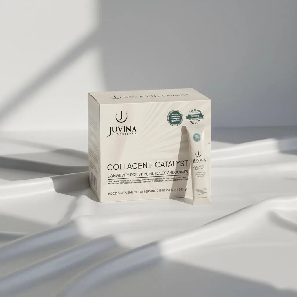 Juvina Bioscience Collagen+ Catalyst food supplement 30-servings box and sachet stick pack.