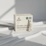 Juvina Bioscience Collagen+ Catalyst food supplement 30-servings box and sachet stick pack.