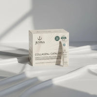 Juvina Bioscience Collagen+ Catalyst food supplement 30-servings box and sachet stick pack.