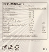 Nutritional facts panel for Juvina Essentials I XR time-released capsules showing dosages for Trans-Resveratrol, Quercetin, Co-Enzyme Q10, EGCG, and BioPerine.