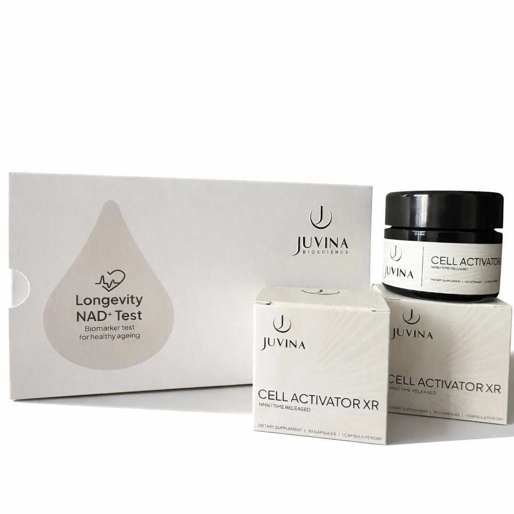 Juvina Bioscience Longevity NAD+ biomarker test kit with Cell Activator XR time-released NMN supplement boxes and jar.