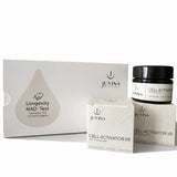 Juvina Bioscience Longevity NAD+ biomarker test kit with Cell Activator XR time-released NMN supplement boxes and jar.