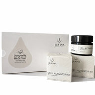 Juvina Bioscience Longevity NAD+ biomarker test kit with Cell Activator XR time-released NMN supplement boxes and jar.