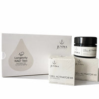 Juvina Bioscience Longevity NAD+ biomarker test kit with Cell Activator XR time-released NMN supplement boxes and jar.