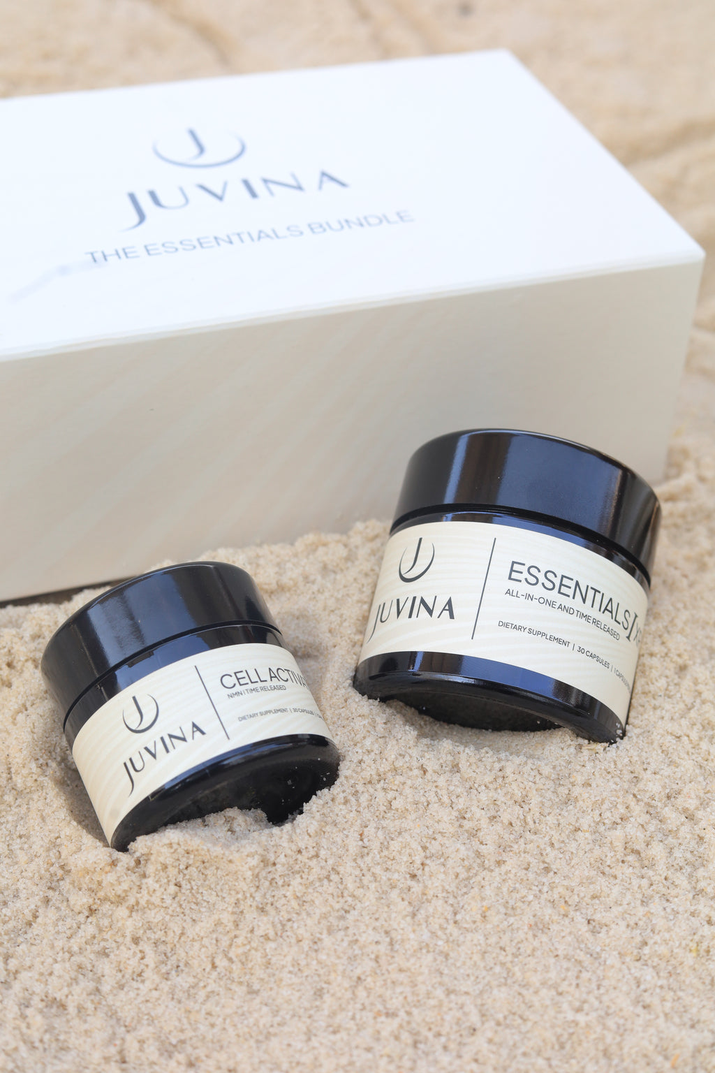 The Essentials Bundle XR cellular longevity set by Juvina Bioscience featuring Cell Activator XR and Essentials I XR time-released supplements.