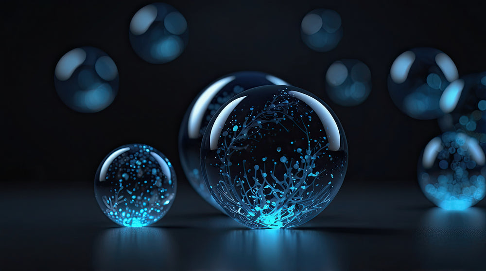 Translucent micro-spheres with bioluminescent networks representing time-released capsule technology and optimized cellular absorption.